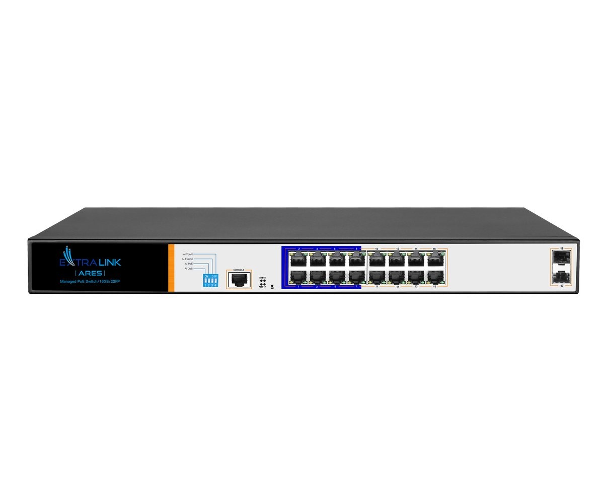 Extralink ARES | PoE Switch | 16x Gigabit PoE/PoE+, 2x SFP, 1x Console, 150W, Gestito